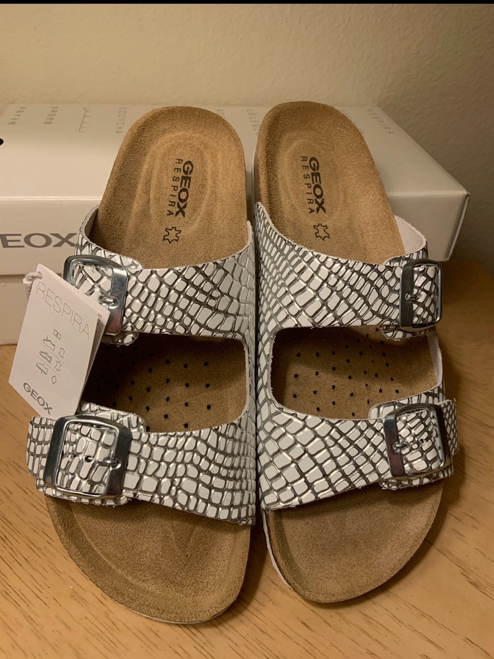 Geox Women's Silver Croc-Embossed Double Buckle Slides 39